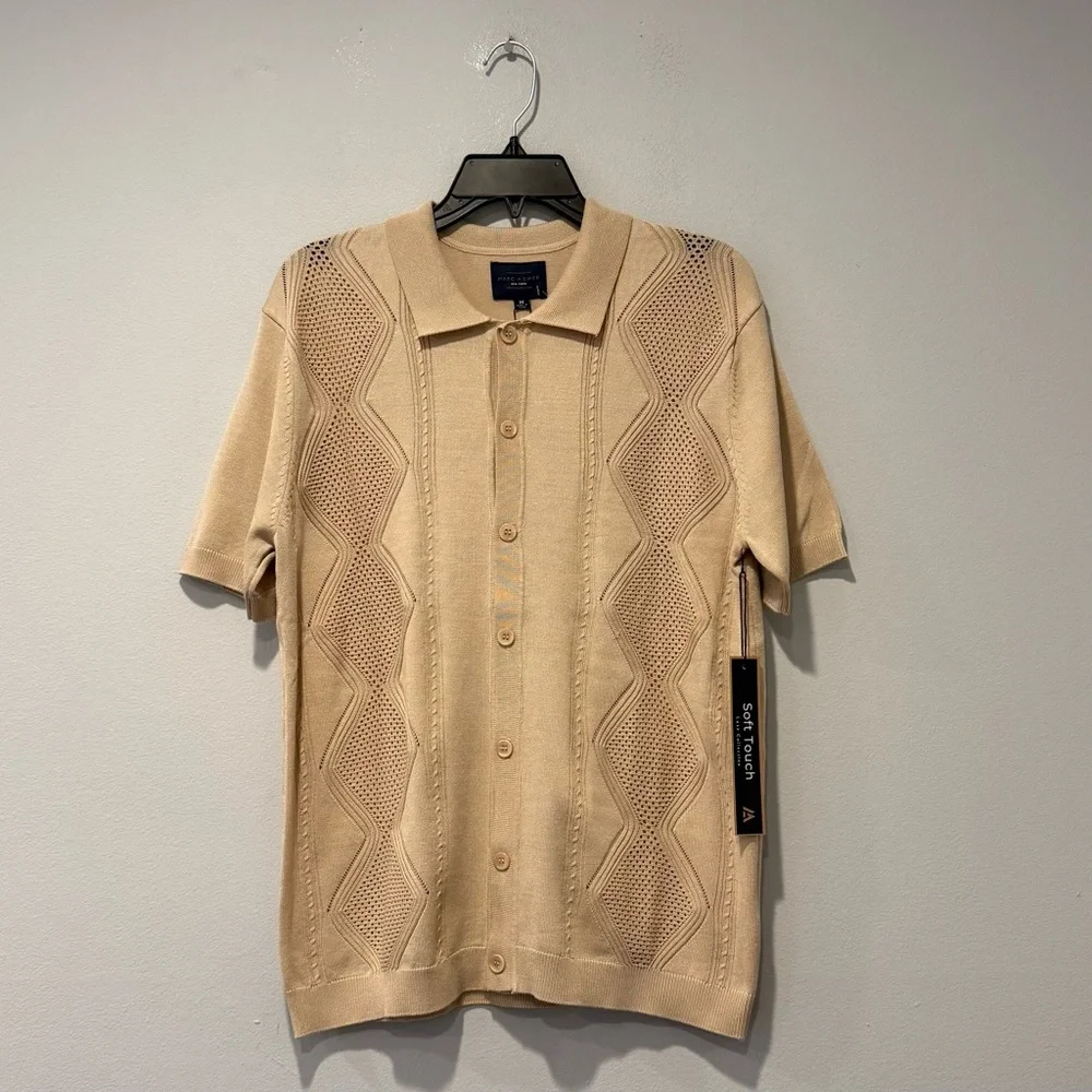 Marc Asher Men's Sand Knit Short Sleeve Button-Up Shirt Geometric Pattern M